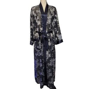 VTG Y2K Floral Robe Womens Sz S Black Gray Silver Sheer Long Satin Trim Tie Sexy